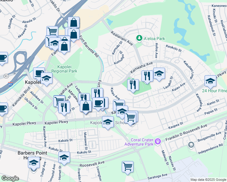 map of restaurants, bars, coffee shops, grocery stores, and more near 91-1015 Kamaaha Avenue in Kapolei
