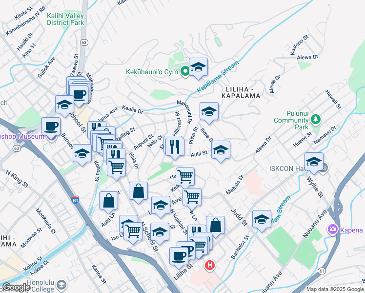 map of restaurants, bars, coffee shops, grocery stores, and more near 2038a Puna Street in Honolulu