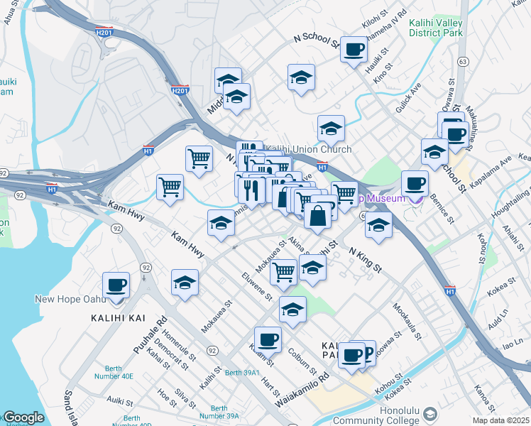 map of restaurants, bars, coffee shops, grocery stores, and more near 2055 North King Street in Honolulu