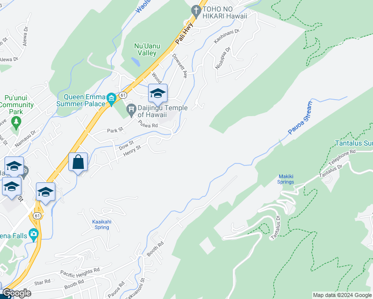 map of restaurants, bars, coffee shops, grocery stores, and more near 398 Puiwa Road in Honolulu