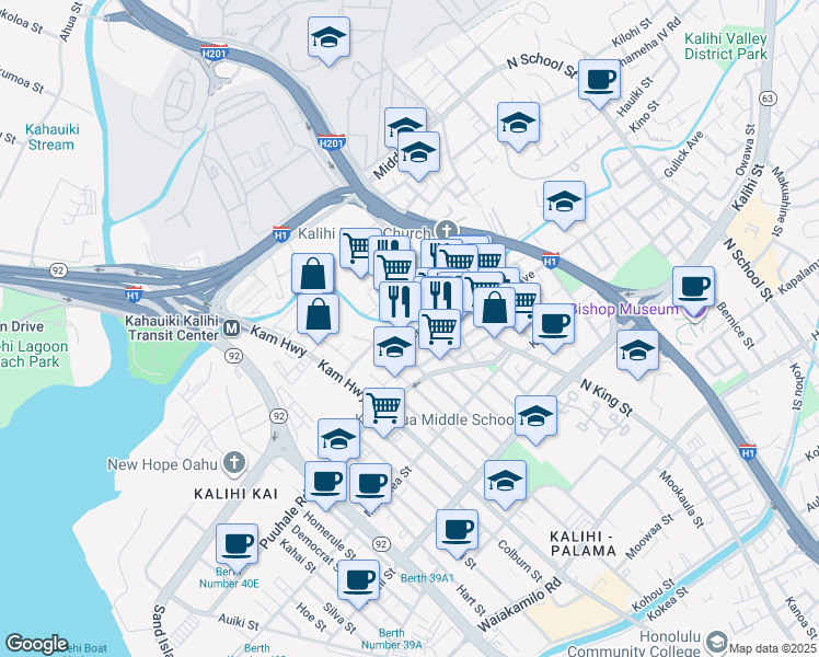 map of restaurants, bars, coffee shops, grocery stores, and more near 2142 Bannister Place in Honolulu