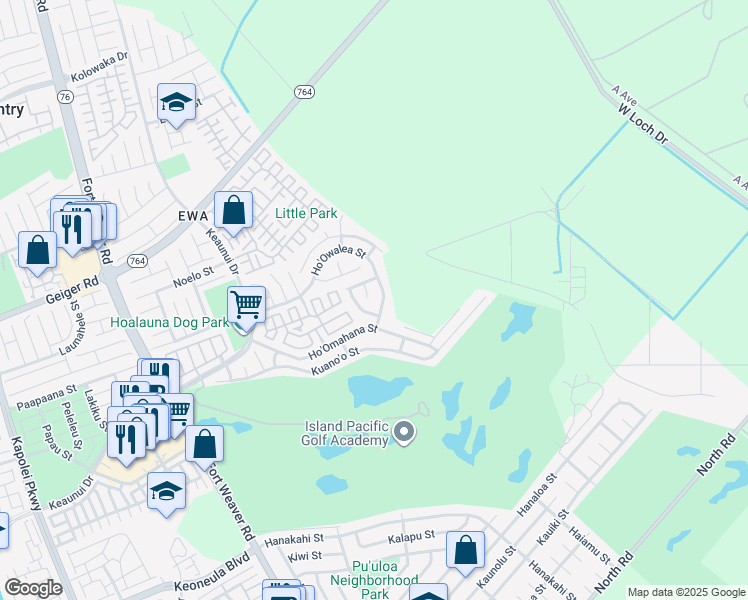 map of restaurants, bars, coffee shops, grocery stores, and more near 91-1173 Hoowalea Street in Ewa Beach