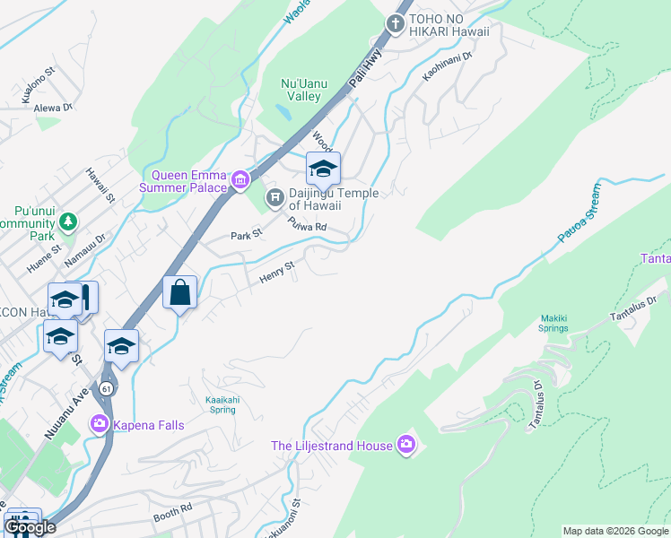 map of restaurants, bars, coffee shops, grocery stores, and more near 388 Puiwa Road in Honolulu