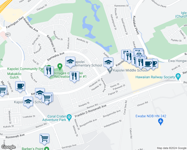 map of restaurants, bars, coffee shops, grocery stores, and more near 91-1116 Aukahi Street in Kapolei