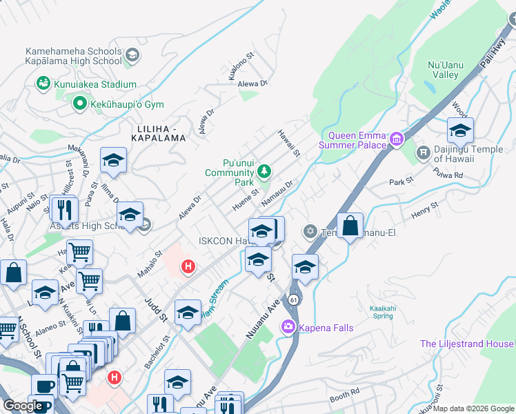 map of restaurants, bars, coffee shops, grocery stores, and more near Liliha Street & Namauu Drive in Honolulu