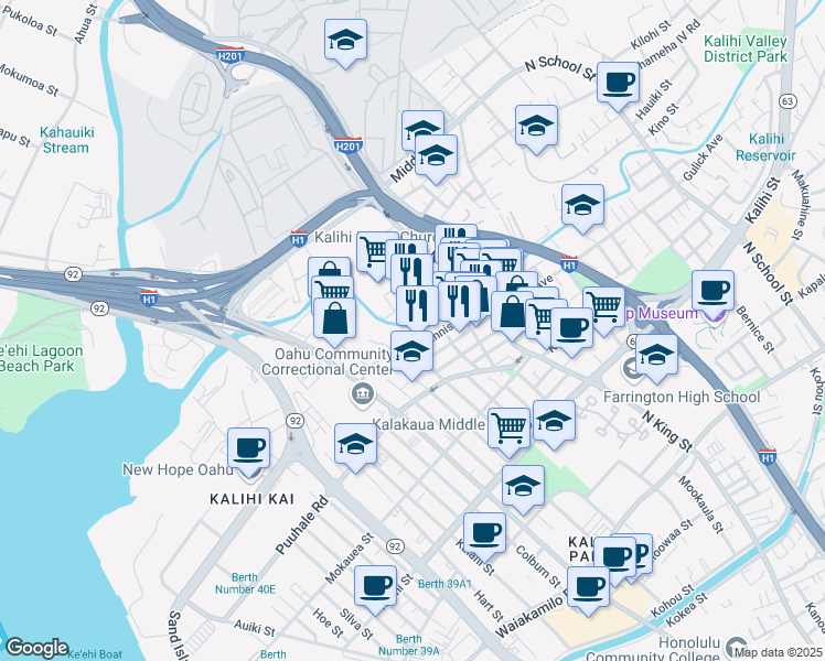 map of restaurants, bars, coffee shops, grocery stores, and more near 2142 Bannister Place in Honolulu