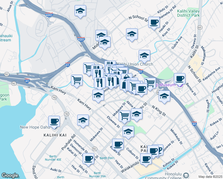 map of restaurants, bars, coffee shops, grocery stores, and more near 810 Bannister Street in Honolulu