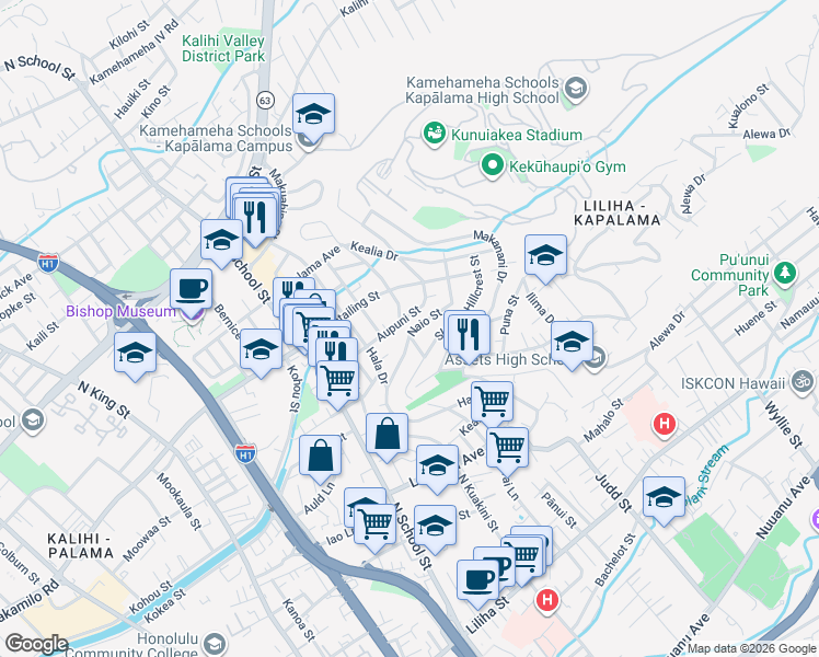map of restaurants, bars, coffee shops, grocery stores, and more near 720 North King Street in Honolulu