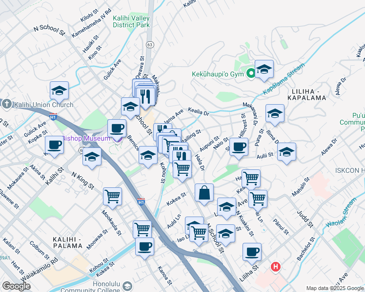 map of restaurants, bars, coffee shops, grocery stores, and more near 1717 Houghtailing Street in Honolulu