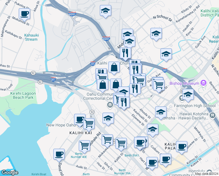 map of restaurants, bars, coffee shops, grocery stores, and more near 629 Bannister Street in Honolulu