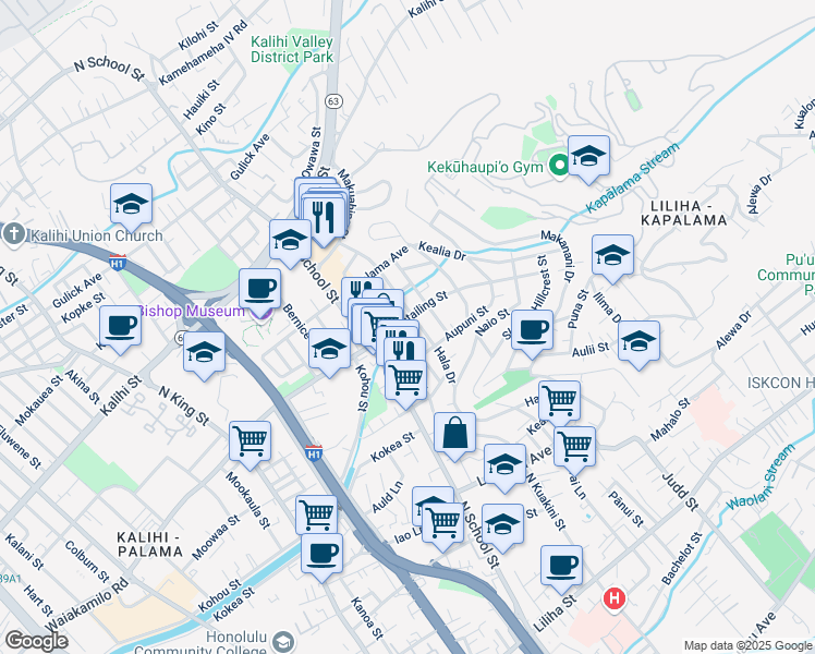 map of restaurants, bars, coffee shops, grocery stores, and more near 1717 Houghtailing Street in Honolulu