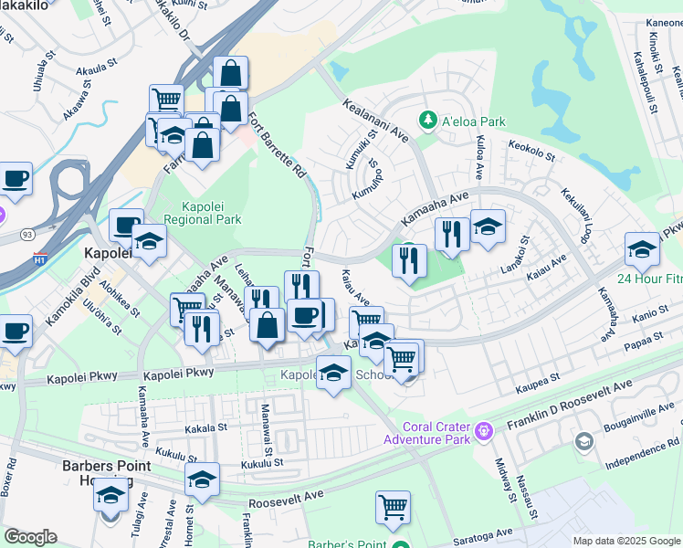 map of restaurants, bars, coffee shops, grocery stores, and more near 91 Kamaaha Loop in Kapolei