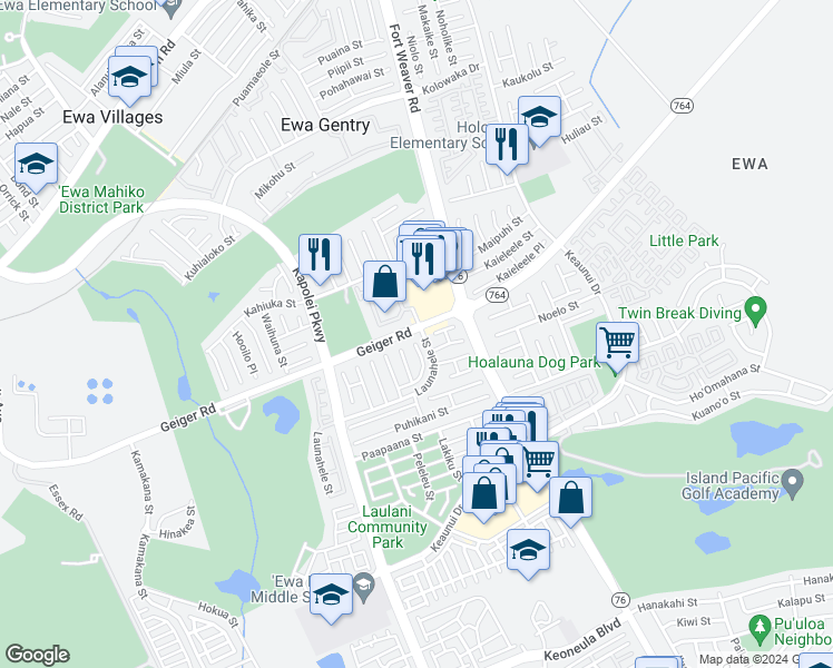 map of restaurants, bars, coffee shops, grocery stores, and more near 911010 Geiger Road in Ewa Beach