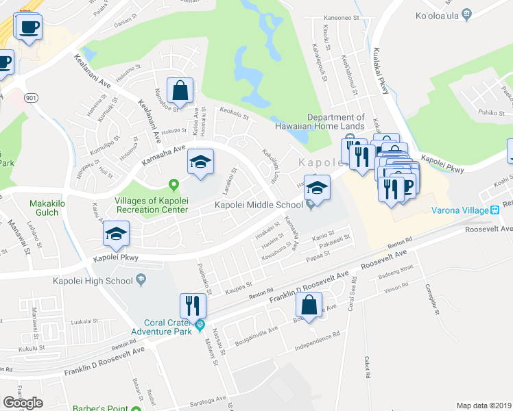 map of restaurants, bars, coffee shops, grocery stores, and more near 91-1035 Mamaka Street in Kapolei