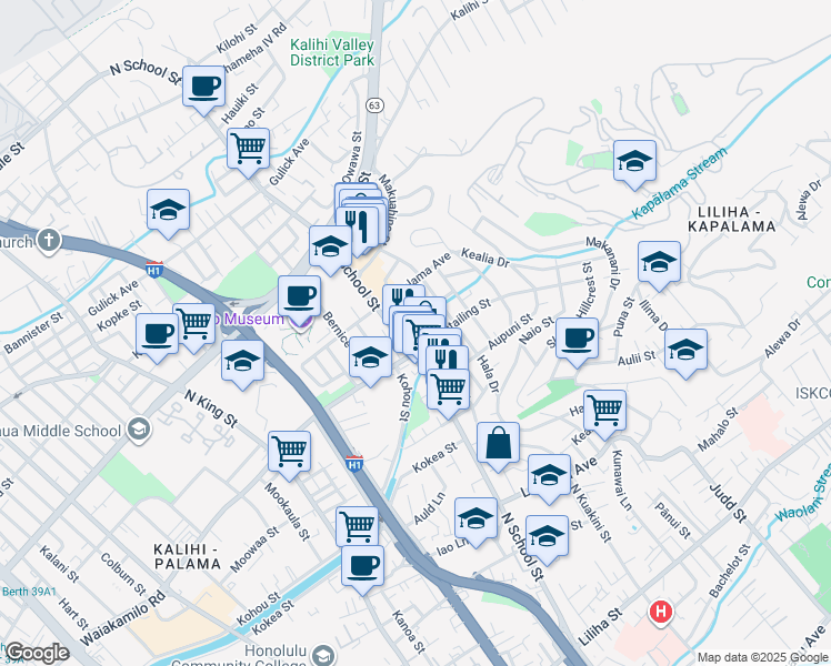 map of restaurants, bars, coffee shops, grocery stores, and more near 1418 Ahiahi Street in Honolulu