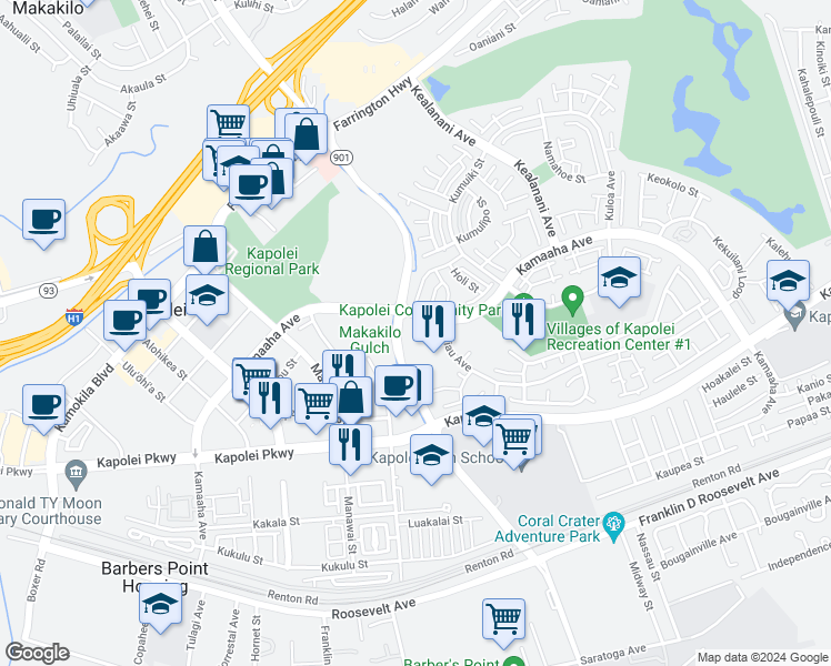 map of restaurants, bars, coffee shops, grocery stores, and more near 91-979 Kamaaha Avenue in Kapolei