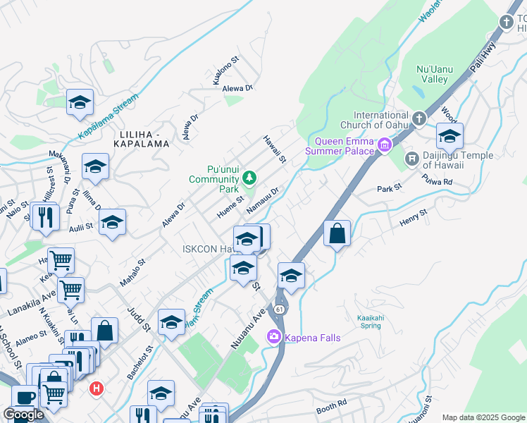 map of restaurants, bars, coffee shops, grocery stores, and more near 2539 Stream Drive in Honolulu