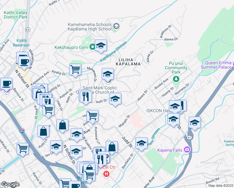 map of restaurants, bars, coffee shops, grocery stores, and more near 1008 Alewa Drive in Honolulu