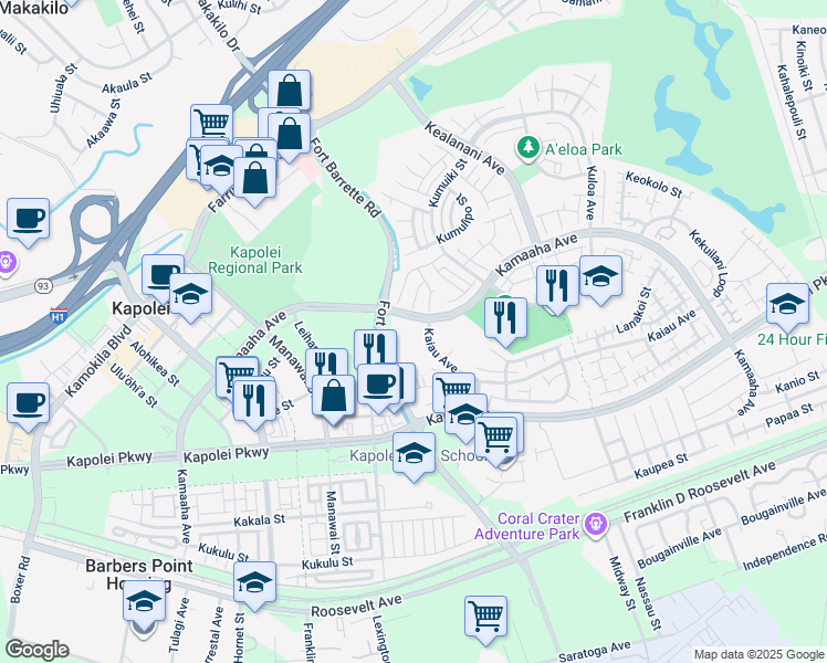 map of restaurants, bars, coffee shops, grocery stores, and more near 91-1015 Kamaaha Avenue in Kapolei