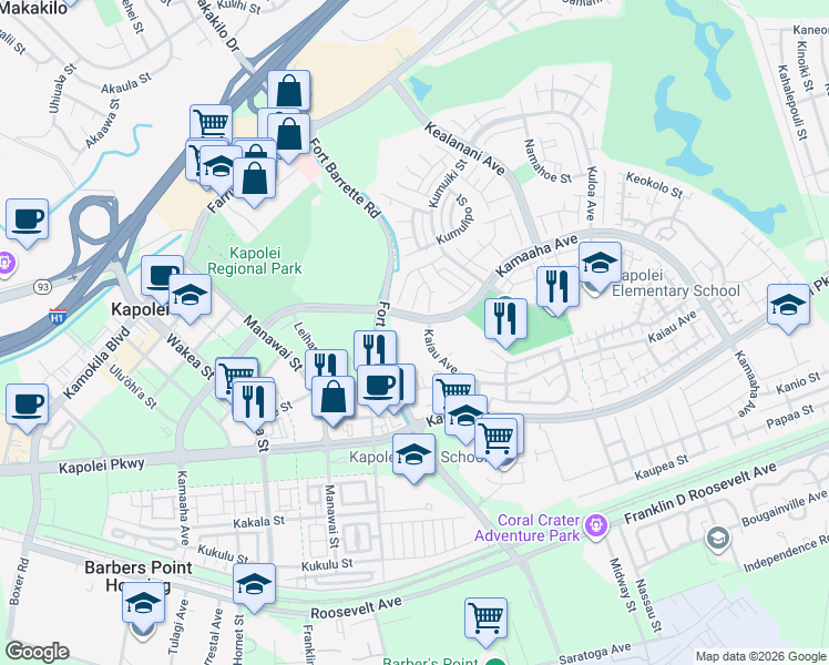 map of restaurants, bars, coffee shops, grocery stores, and more near 91-1015 Kamaaha Avenue in Kapolei