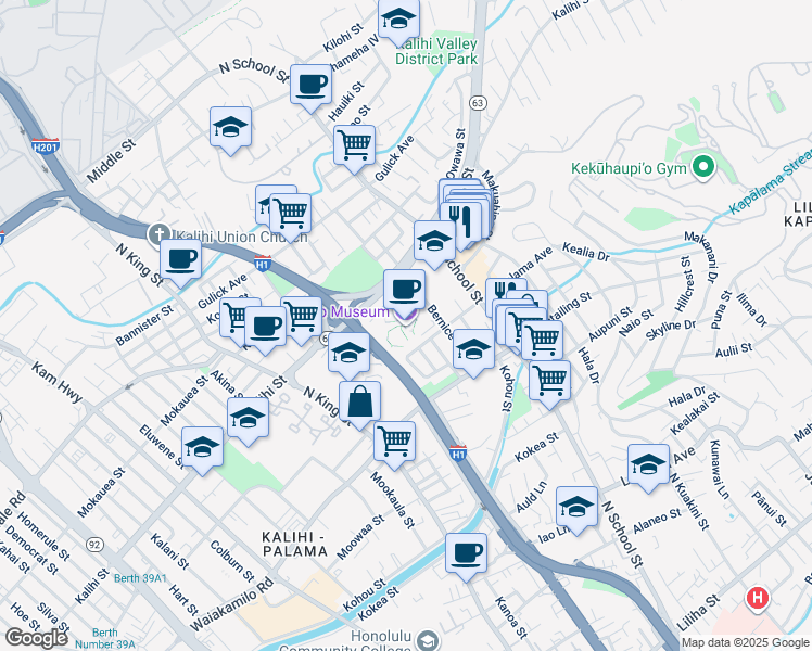 map of restaurants, bars, coffee shops, grocery stores, and more near 1525 Bernice Street in Honolulu