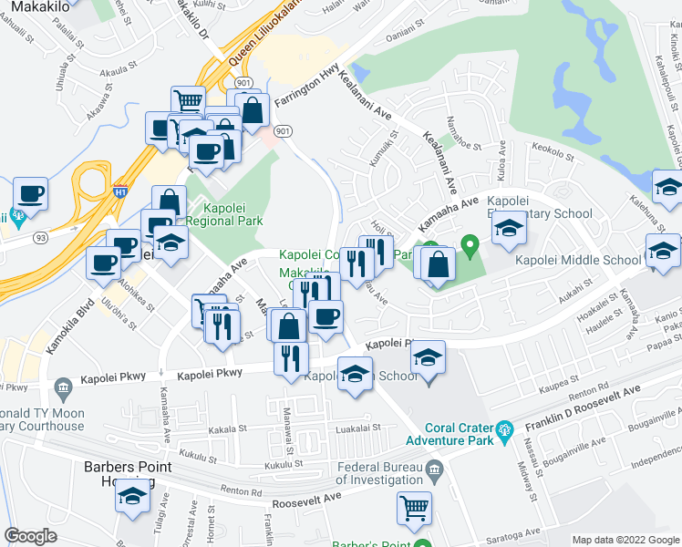 map of restaurants, bars, coffee shops, grocery stores, and more near 91-1011 Kama'aha Avenue in Kapolei
