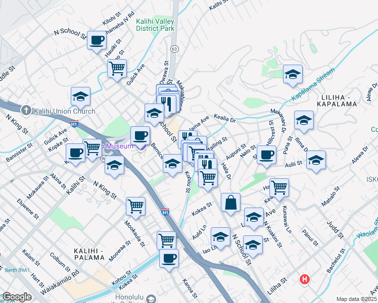 map of restaurants, bars, coffee shops, grocery stores, and more near 1418 Ahiahi Street in Honolulu