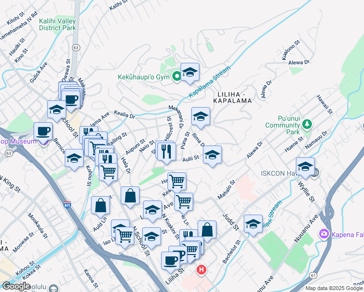 map of restaurants, bars, coffee shops, grocery stores, and more near 2038a Puna Street in Honolulu