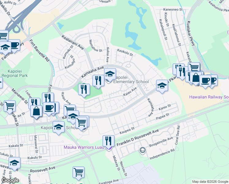 map of restaurants, bars, coffee shops, grocery stores, and more near 91-1060 Lanakoi Street in Kapolei