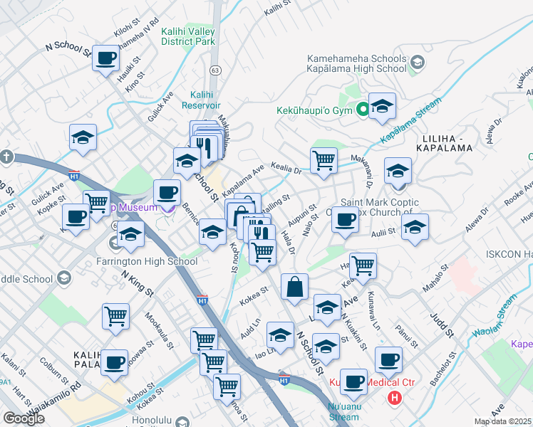 map of restaurants, bars, coffee shops, grocery stores, and more near 1717 Houghtailing Street in Honolulu