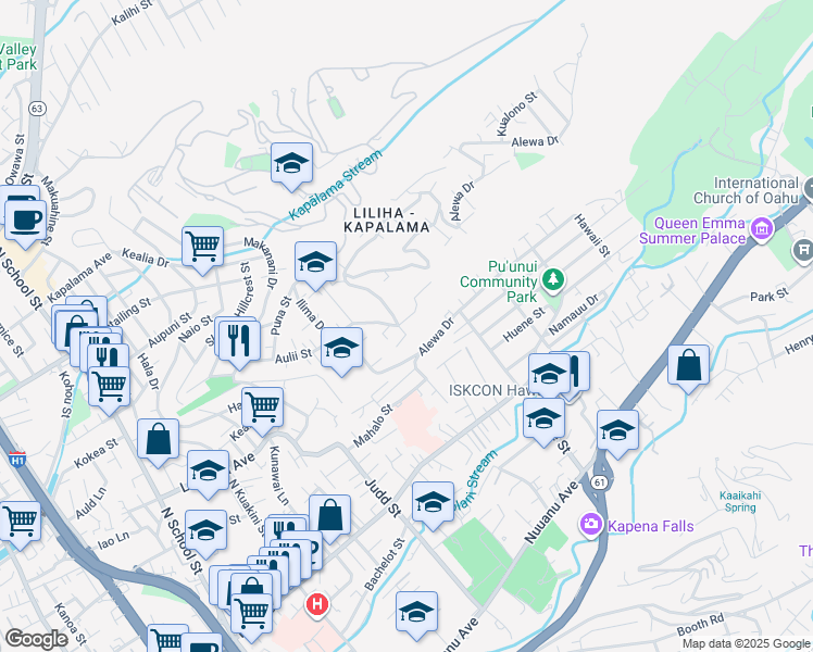 map of restaurants, bars, coffee shops, grocery stores, and more near 1102 Alewa Drive in Honolulu