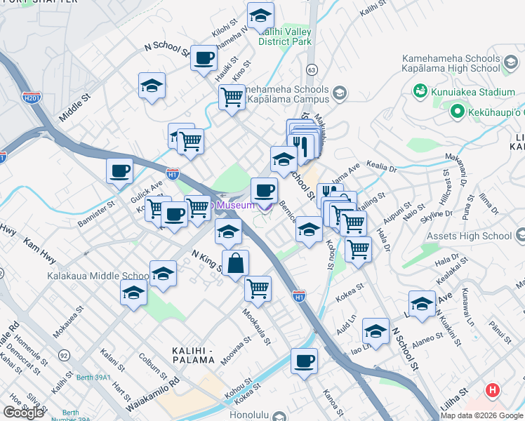map of restaurants, bars, coffee shops, grocery stores, and more near 1525 Bernice Street in Honolulu