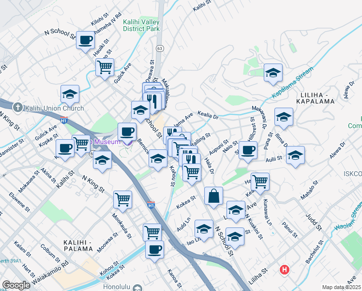 map of restaurants, bars, coffee shops, grocery stores, and more near 1418 Ahiahi Street in Honolulu
