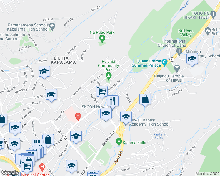 map of restaurants, bars, coffee shops, grocery stores, and more near 2539 Stream Drive in Honolulu