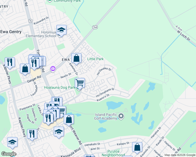 map of restaurants, bars, coffee shops, grocery stores, and more near 91-1061 Ho'owalea Street in Ewa Beach