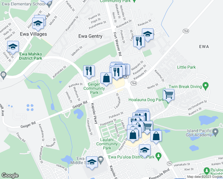map of restaurants, bars, coffee shops, grocery stores, and more near 911010 Geiger Road in Ewa Beach