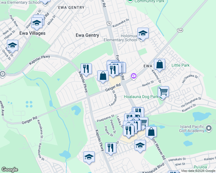 map of restaurants, bars, coffee shops, grocery stores, and more near 911010 Geiger Road in Ewa Beach