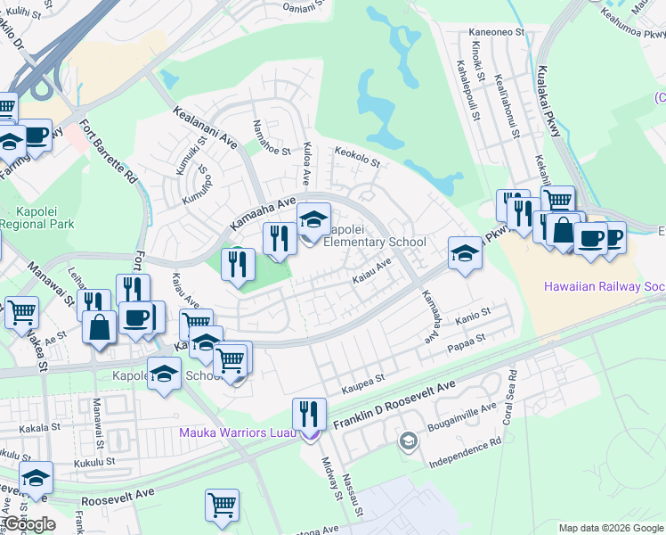 map of restaurants, bars, coffee shops, grocery stores, and more near 91-1060 Lanakoi Street in Kapolei