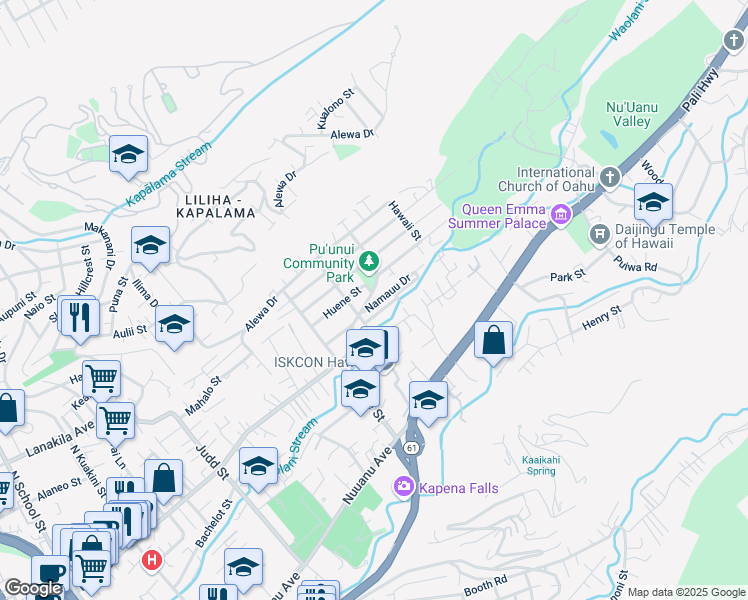 map of restaurants, bars, coffee shops, grocery stores, and more near 2539 Stream Drive in Honolulu