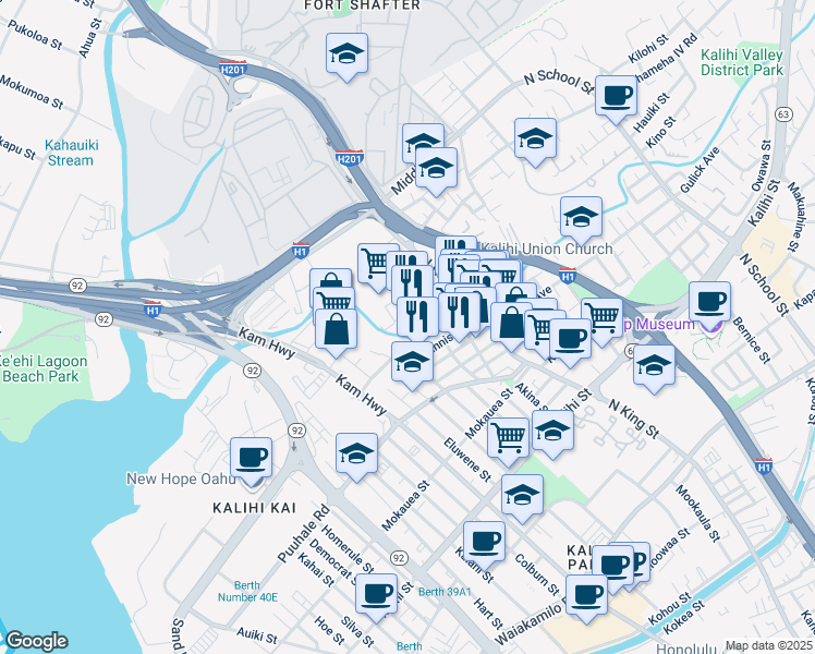 map of restaurants, bars, coffee shops, grocery stores, and more near 715 Umi Street in Honolulu