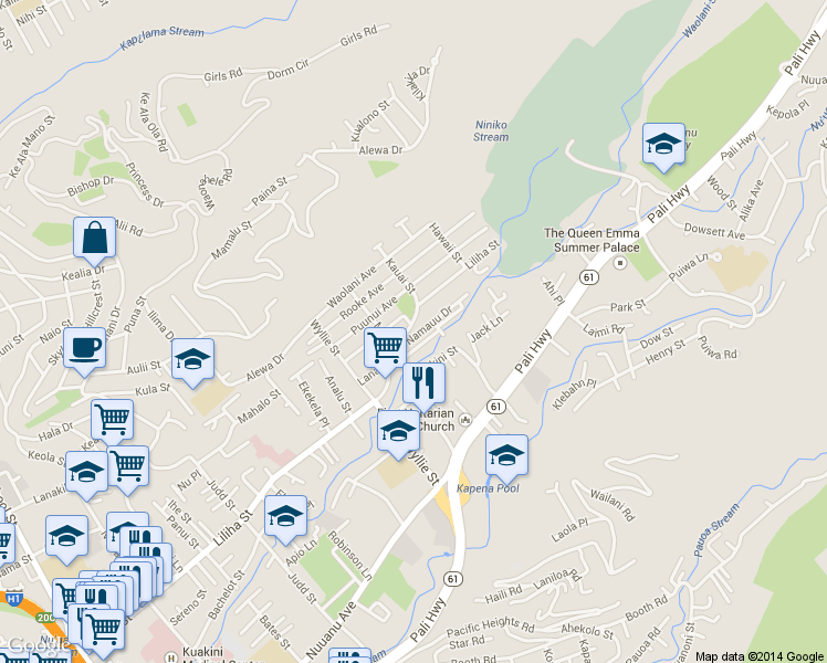 map of restaurants, bars, coffee shops, grocery stores, and more near 2539 Stream Drive in Honolulu