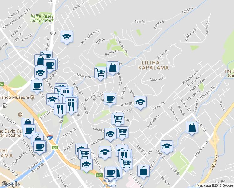 map of restaurants, bars, coffee shops, grocery stores, and more near 2118 Makanani Drive in Honolulu