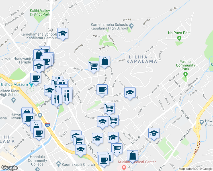 map of restaurants, bars, coffee shops, grocery stores, and more near 2004 Skyline Drive in Honolulu