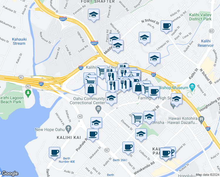 map of restaurants, bars, coffee shops, grocery stores, and more near 2142 Bannister Place in Honolulu