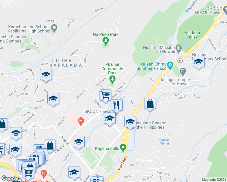 map of restaurants, bars, coffee shops, grocery stores, and more near 2528 Namauu Drive in Honolulu