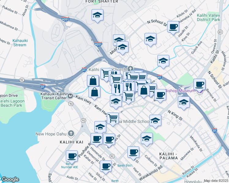 map of restaurants, bars, coffee shops, grocery stores, and more near 715 Umi Street in Honolulu
