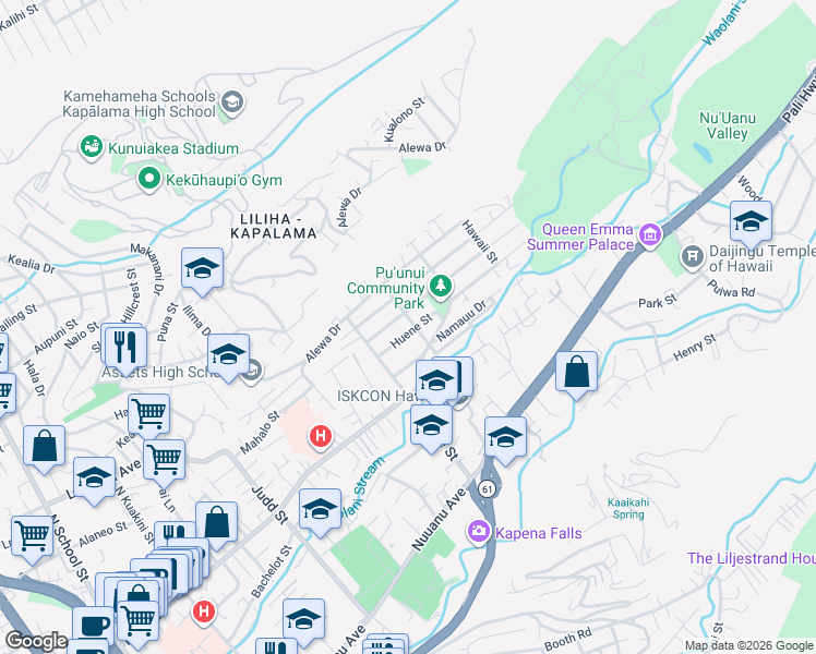 map of restaurants, bars, coffee shops, grocery stores, and more near 2454 Huene Street in Honolulu