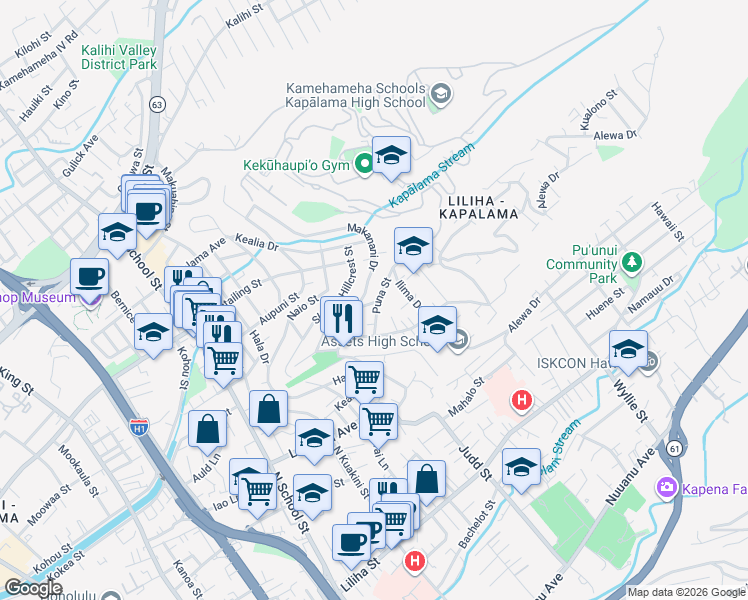 map of restaurants, bars, coffee shops, grocery stores, and more near 2038a Puna Street in Honolulu
