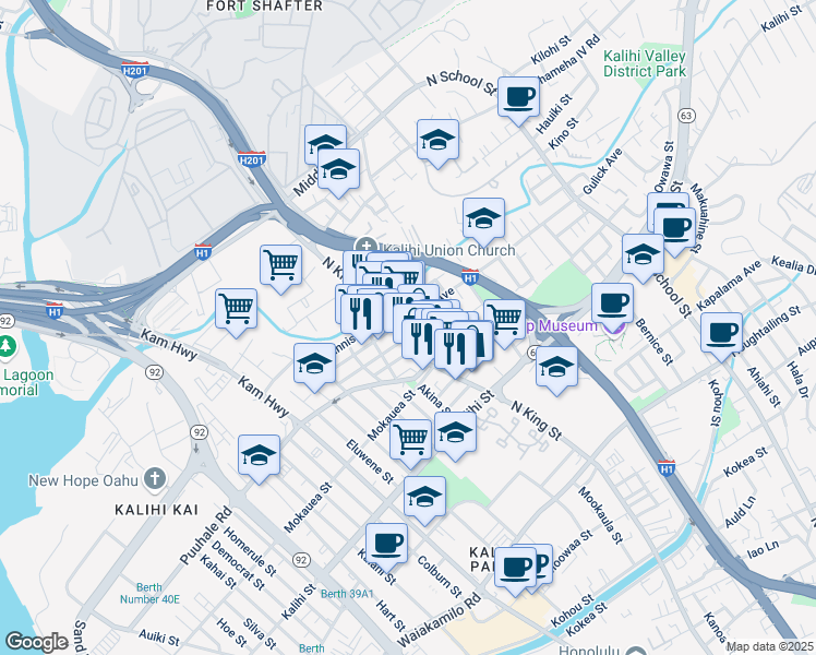 map of restaurants, bars, coffee shops, grocery stores, and more near 1028 Pulaa Lane in Honolulu