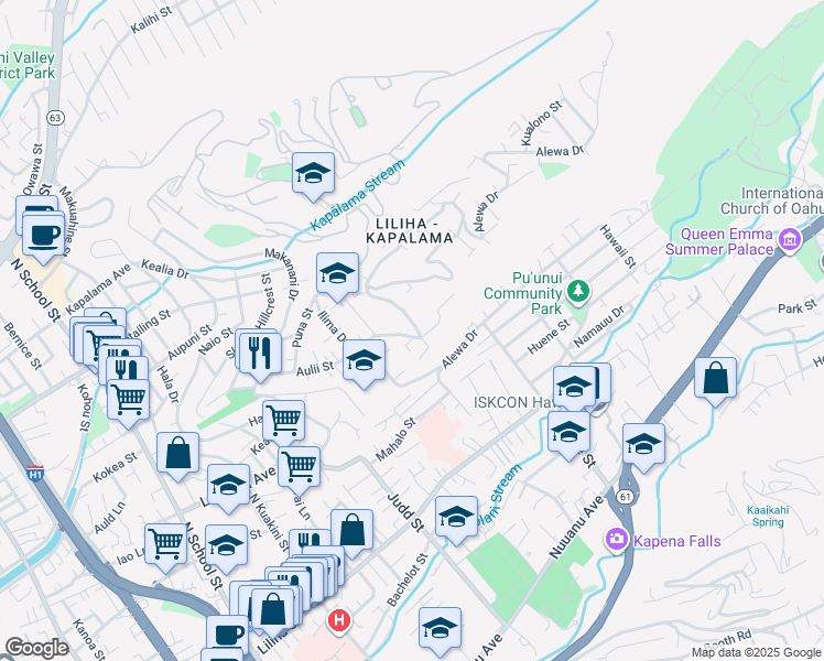 map of restaurants, bars, coffee shops, grocery stores, and more near 1048 Alewa Drive in Honolulu